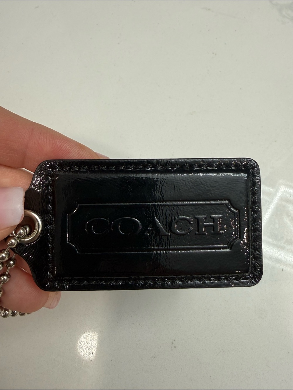 Coach Black Patent Leather Embossed hang Tag with Ball Chain xlarge